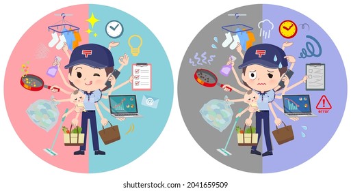 A set of  postwomen who perform multitasking in offices and private.It's vector art so easy to edit.