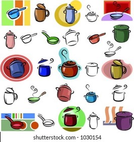 A set of pot and frying pan vector icons in color, and black and white renderings.