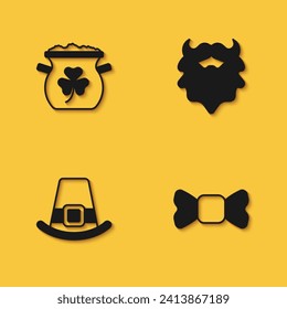 Set Pot of gold coins, Bow tie, Leprechaun hat and Mustache and beard icon with long shadow. Vector