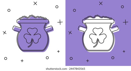 Set Pot of gold coins icon isolated on white and purple background. Happy Saint Patricks day. National Irish holiday.  Vector