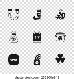 Set Pot of gold with rainbow, coins, Clover trefoil leaf, Saint Patricks day calendar, Glass beer, Horseshoe, Leprechaun boot and Money bag clover icon. Vector