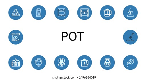 Set of pot icons such as Loose gravel, Grater, Stove, Potting bench, French press, Sprout, Greenhouse, Vase, Carnivorous plant, Kettle, Watering can, Fireplace, Plant , pot