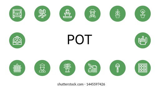 Set of pot icons such as Potting bench, Carnivorous plant, Flower pot, Gardener, Plant, Pot, Macrame, Cooker, Quill, Hoe, Stove, Seed, Watering can ,