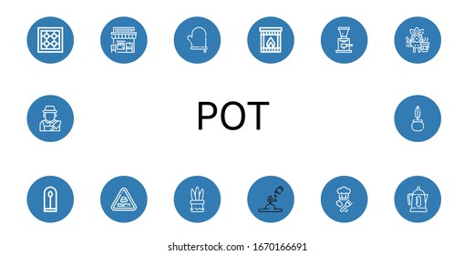 Set of pot icons. Such as Stove, Cafe, Oven mitt, Fireplace, Coffee grinder, Coffee, Plant, Pothole, Cook, Electric kettle, Gardener, Quill , pot icons