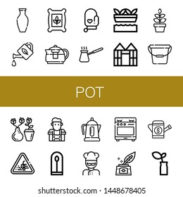 Set of pot icons such as Vase, Watering can, Seeds, Teapot, Oven mitt, Cezve, Hydroponic gardening, Greenhouse, Plant, Bucket, Loose gravel, Barista, Electric kettle, Cook , pot