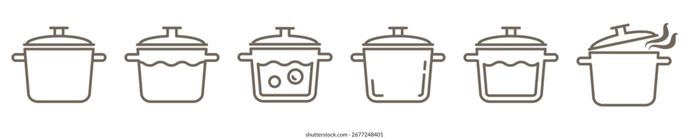 Satz von linearen Symbolen für Topf und Topf einzeln auf transparentem Hintergrund. Heiße Pfanne mit Dampf, kochendem Wasser, Suppe und Kochen Umrisssymbole. Einfaches Kochgeschirr und Ikonenset für die Zubereitung von Speisen.