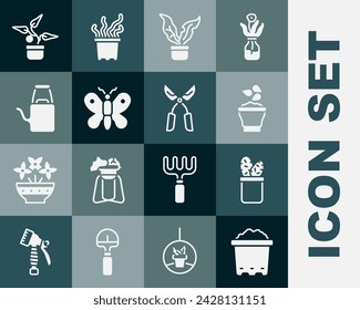 Set Pot with soil, Cactus peyote in pot, Seeds bowl, Plant, Butterfly, Watering can,  and Gardening handmade scissors icon. Vector