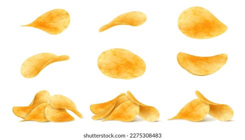 Set of potato chips close-up on an isolated white background. Realistic 3D vector illustration. Can be used for for advertising, package or promo ads, delicious food, ripple meal