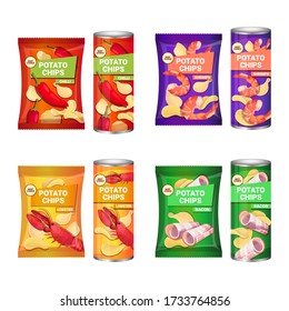 set potato chips with different flavors advertising composition of crisps potatoes and packagings collection isolated vector illustration