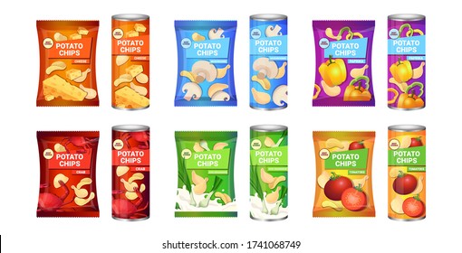 set patatas fritas con diferentes sabores composición publicitaria de patatas fritas y embalajes colección de ilustraciones vectoriales horizontales