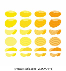 Set of potato chips. Golden, Orange and yellow wavy chips from different angles with different tastes. Vector illustration.
