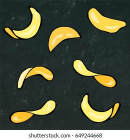 Set of Potato Chips on a Black Chalkboard Background. Realistic Vector Illustration Isolated Hand Drawn Doodle Cartoon Style Sketch. Food Pattern.