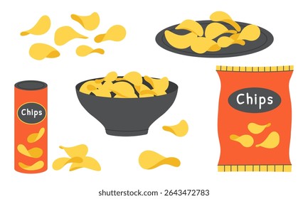 Conjunto de patatas fritas en un paquete, tazón, plato y por separado. Comida rápida. Ilustración vectorial.