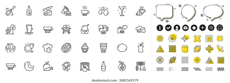 Set of Potato chips, Supply chain and Cashew nut line icons for web app. Design elements, Social media icons. Cake, Food delivery, Cooking whisk icons. Ice tea, Ice cream, Market signs. Vector