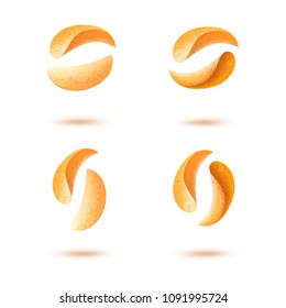 Set of Potato Crispy Falling Chips Close up Isolated on White Background