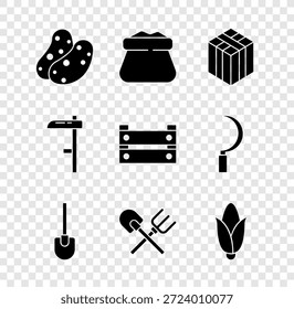 Conjunto de papa, saco completo, bala de heno, pala y rastrillo, maíz, guadaña y icono de caja de madera. Vector