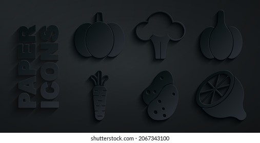 Set Potato, Garlic, Carrot, Lemon, Broccoli and Pumpkin icon. Vector