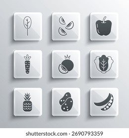 Conjunto de papa, guisantes verdes, repollo, tomate, piña, zanahoria, espinacas y manzana icono. Vector