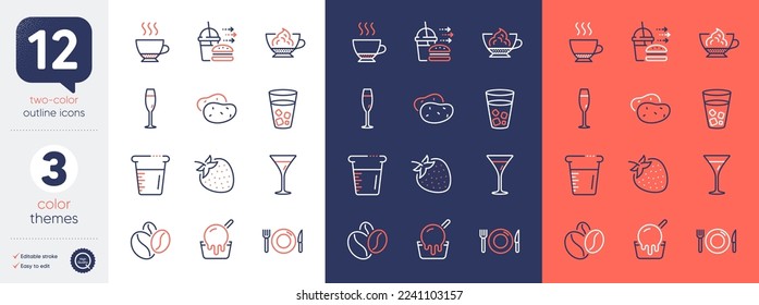 Set of Potato, Ice tea and Espresso line icons. Include Food, Ice cream, Strawberry icons. Espresso cream, Champagne glass, Martini glass web elements. Cooking beaker, Food delivery. Vector