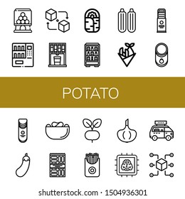 Set of potato icons such as Candy machine, Vending machine, Packet, Burrito, Zucchini, Fish and chips, Biscuit, Tomato, Crisps, Eggplant, Snack, Radish, French fries , potato