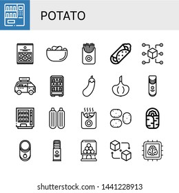 Set of potato icons such as Vending machine, Crisps, French fries, Burrito, Packet, Fast food, Eggplant, Garlic, Zucchini, Potatoes, Potato, Tomato, Biscuit, Candy machine , potato