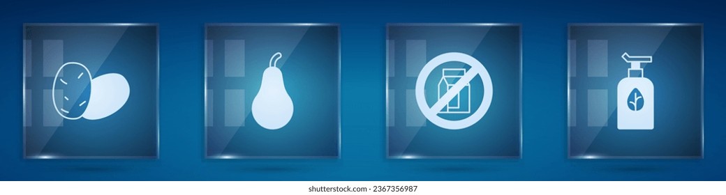 Set Potato, Pear, No pack of milk and Organic cosmetic. Square glass panels. Vector