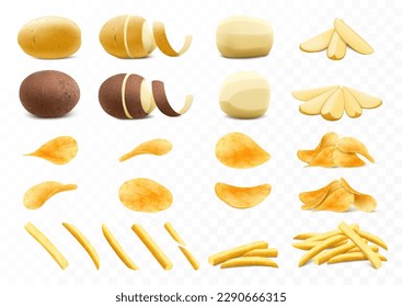 Juego de patatas, patatas crudas en rodajas, patatas fritas, patatas fritas. Patatas de papa, troceadas, sin pelar y peladas. Mitad Papa pelado con cáscara torcida. Ilustración vectorial 3d realista.