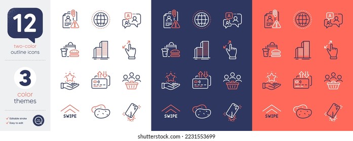 Set of Potato, Search employee and Buyers line icons. Include Touchscreen gesture, Globe, Card icons. Skyscraper buildings, Smartphone broken, Loyalty program web elements. Fast food. Vector