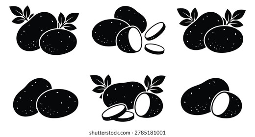 Set of potato silhouettes with leaves root vegetable white background black and white potatoes