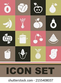 Set Potato, Watermelon, Avocado, Apple, Onion, Banana, Plum fruit and Mango icon. Vector