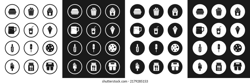 Set Potatoes french fries in box, Paper glass with straw, Wooden beer mug, Burger, Ice cream waffle cone, Popcorn, Cookie biscuit and Hotdog sandwich icon. Vector