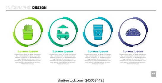 Set Potatoes french fries in box, Fast street food cart, Coffee cup to go and Taco with tortilla. Business infographic template. Vector