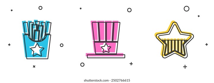 Patatas fritas fritas en caja, sombrero de copa patriótico americano e icono del día de la independencia de Estados Unidos. Vector