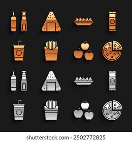 Set Potatoes french fries in box, Chocolate bar, Pizza, Apple, Paper glass with straw, Nachos plate, Sauce bottle and Onigiri icon. Vector