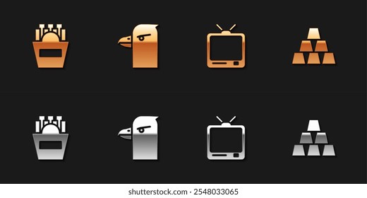 Set Potatoes french fries in box, Eagle head, Retro tv and Gold bars icon. Vector