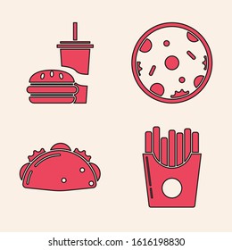 Set Potatoes french fries in carton package box, Paper glass with drinking straw and burger, Pizza and Taco with tortilla icon. Vector