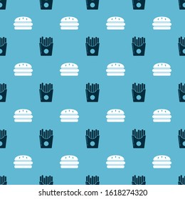 Set Potatoes french fries in carton package box and Burger on seamless pattern. Vector