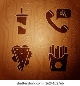 Set Potatoes french fries in carton package box, Paper glass with drinking straw and water, Sandwich and Food ordering pizza on wooden background. Vector