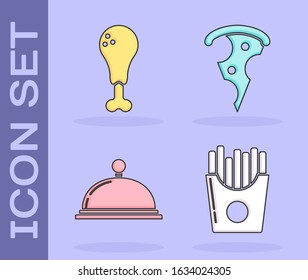 Set Potatoes french fries in carton package box, Chicken leg, Covered with a tray of food and Slice of pizza icon. Vector