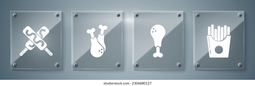 Set Potatoes french fries in carton package box, Chicken leg, Chicken leg and Ice cream. Square glass panels. Vector