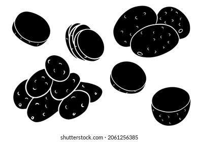 Set of potatoes. Whole potatoes, cut into wedges, half. Silhouette. Vector illustration for design and decoration.