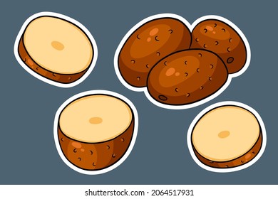 Set of potatoes. Whole potatoes, cut into wedges, half. In cartoon style stickers. Vector illustration for design and decoration.