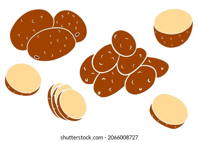 Set of potatoes. Whole potatoes, cut into wedges, half. In a cartoon style. Vector illustration for design and decoration.