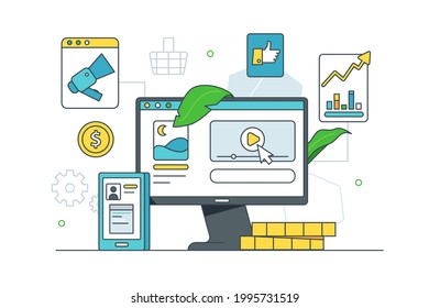 Set of potential advertising mediators vector illustration. Digital platforms to multiple ad flat style. Advertisement optimization concept