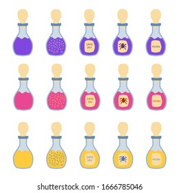 Set Potion bottles. Magic drinks, fairy elixirs, substance with bubbles, witch beverages. Vector set of fantasy game chemical jars for magic alchemy laboratory.