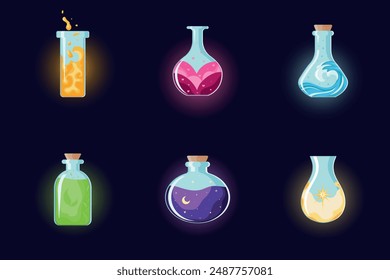 Set of potion bottles with magic elixir. Cartoon glass flasks with colorful glowing liquid and corkwood plugs. Halloween witchcraft, potion and poison, sparkling elixir. Vector illustration