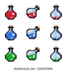 Set of potion bottles phial vial, pixel art style. Pixel bottle of potion for games and websites. Vector isolated. 8 bit