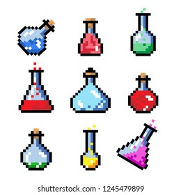 Set of potion bottles phial vial, pixel art style. Pixel bottle of potion for games and websites. Vector isolated. 8 bit