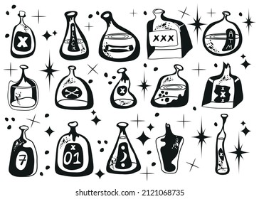 A set of potion bottles. Vector icons of flasks, magic elixir in glass flasks. Witch poison, love potion, Halloween, healing potions, tags for description. A set for alchemy. Medicine.
