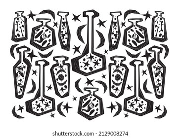 A set of potion bottles. Vector icons of small flasks, magic elixir in glass flasks. Witch poison, love potion, Halloween. Different, magical mushrooms. A set for alchemy. Design for games.